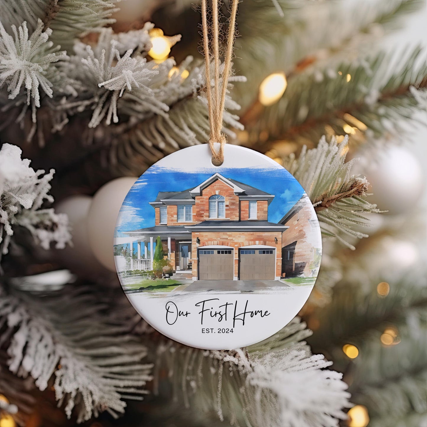 New Home Ornament, Watercolor House Christmas Ornament, Personalized Photo Christmas Ornament Gift, Housewarming Gift, Our First Home