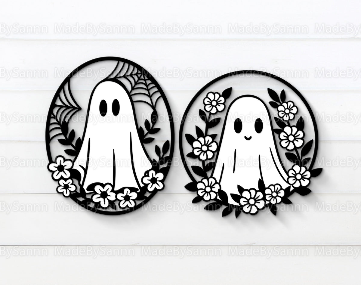 Halloween Ghosts Door Hanger Svg, Ghost With Flowers Svg, Halloween Decor Svg, Ghosts Laser Cut Files, Halloween Svg, Spooky  Svg
