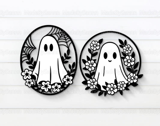 Halloween Ghosts Door Hanger Svg, Ghost With Flowers Svg, Halloween Decor Svg, Ghosts Laser Cut Files, Halloween Svg, Spooky  Svg
