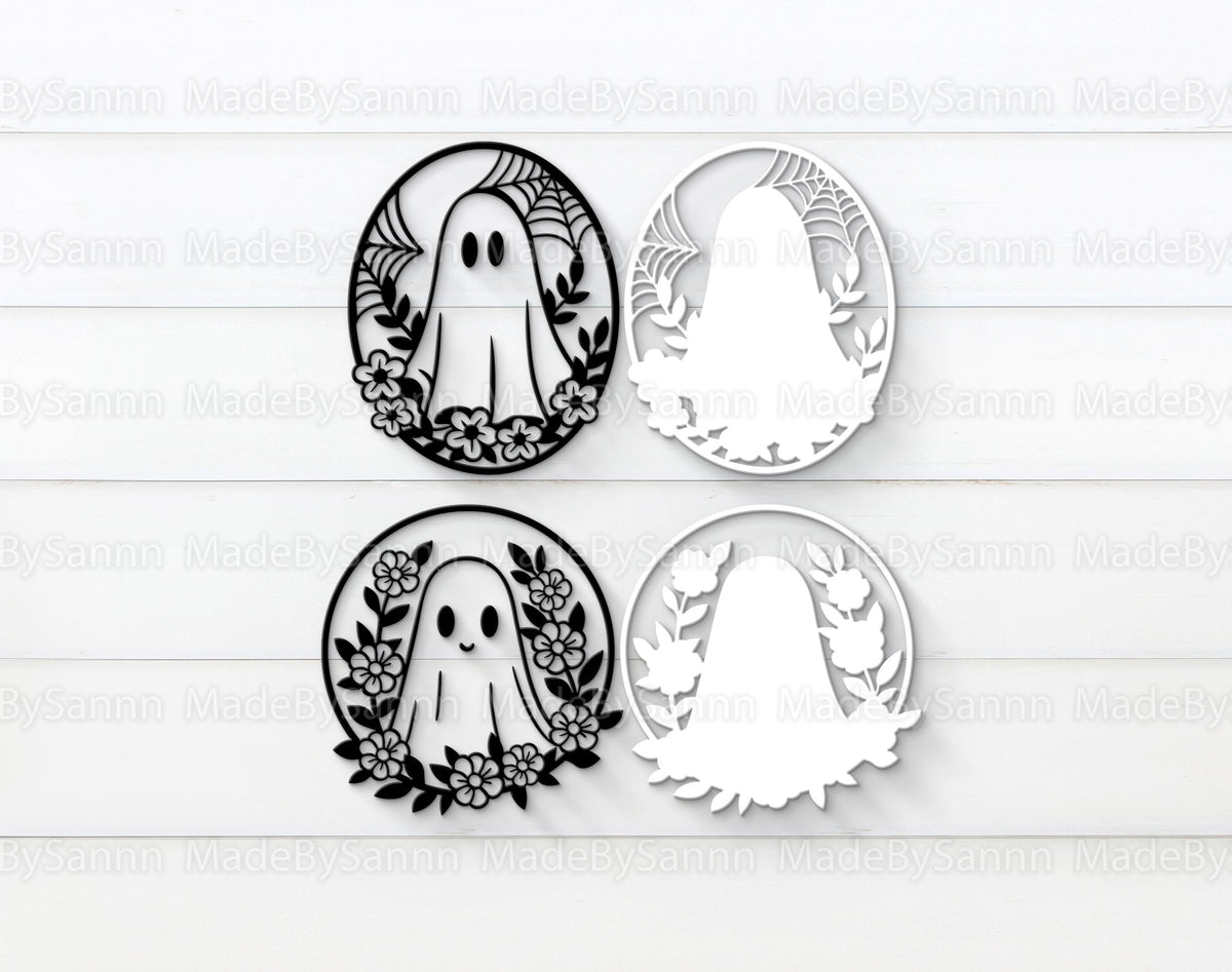 Halloween Ghosts Door Hanger Svg, Ghost With Flowers Svg, Halloween Decor Svg, Ghosts Laser Cut Files, Halloween Svg, Spooky Glowforge Svg
