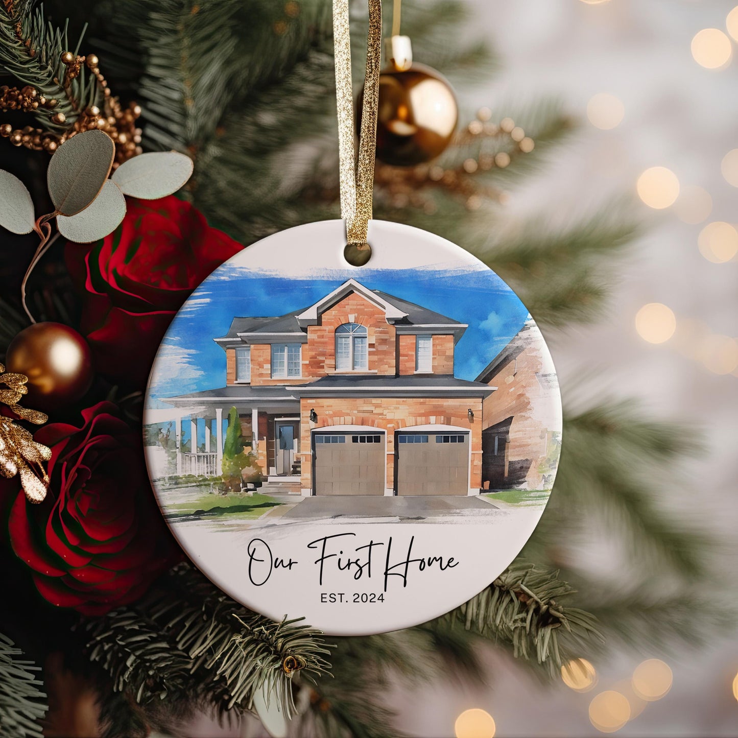 New Home Ornament, Watercolor House Christmas Ornament, Personalized Photo Christmas Ornament Gift, Housewarming Gift, Our First Home