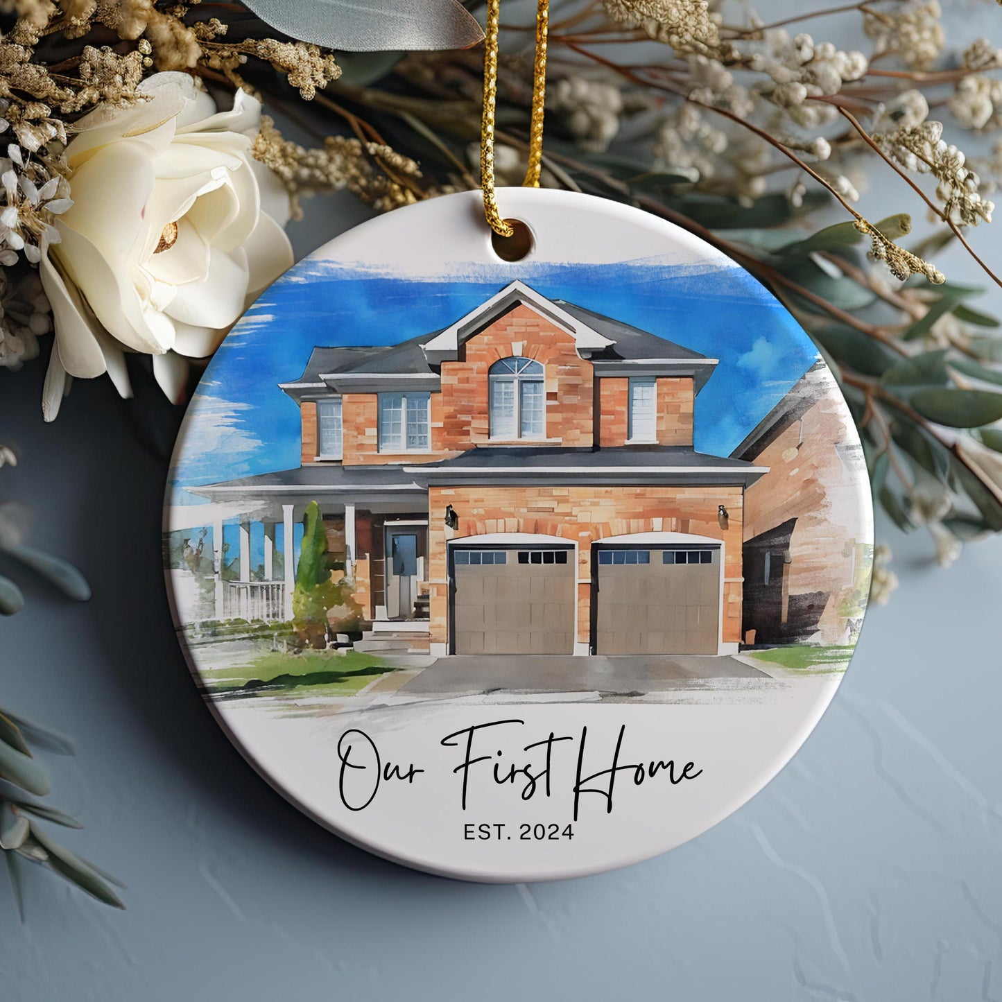 New Home Ornament, Watercolor House Christmas Ornament, Personalized Photo Christmas Ornament Gift, Housewarming Gift, Our First Home