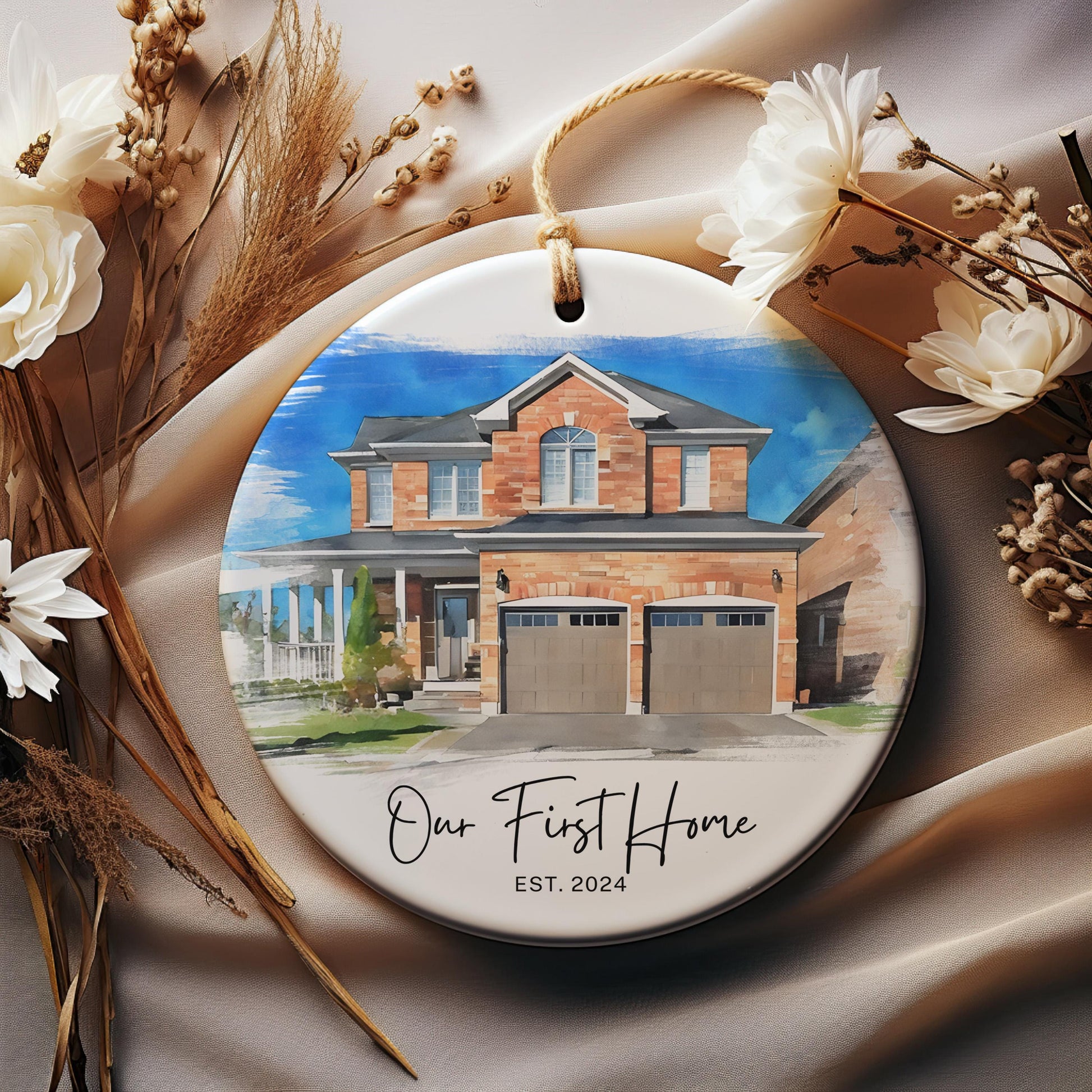 New Home Ornament, Watercolor House Christmas Ornament, Personalized Photo Christmas Ornament Gift, Housewarming Gift, Our First Home