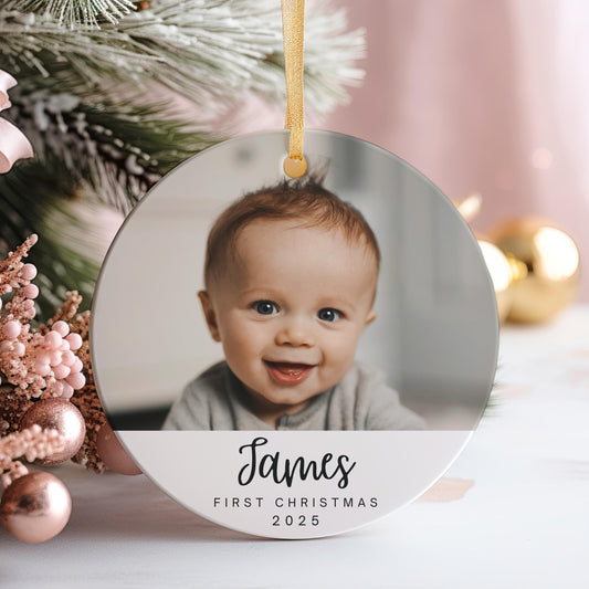 Baby Photo Christmas Ornament, First Christmas Ornament, Custom Christmas Gift, Personalized Name & Year, New Baby Gift, Baby Shower Gift