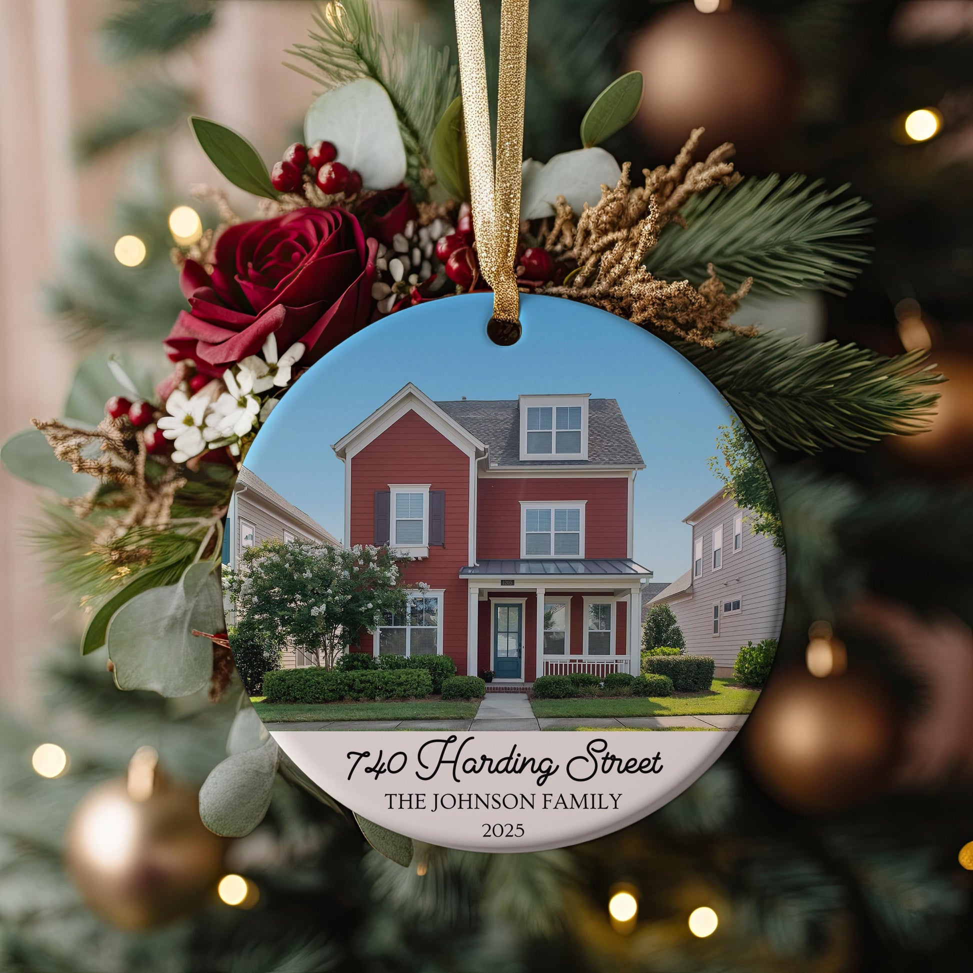 Custom House Photo Ornament, New Home Keepsake, Personalized Address Ceramic Christmas Decoration