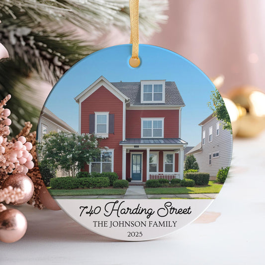 Custom House Photo Ornament, New Home Keepsake, Personalized Address Ceramic Christmas Decoration