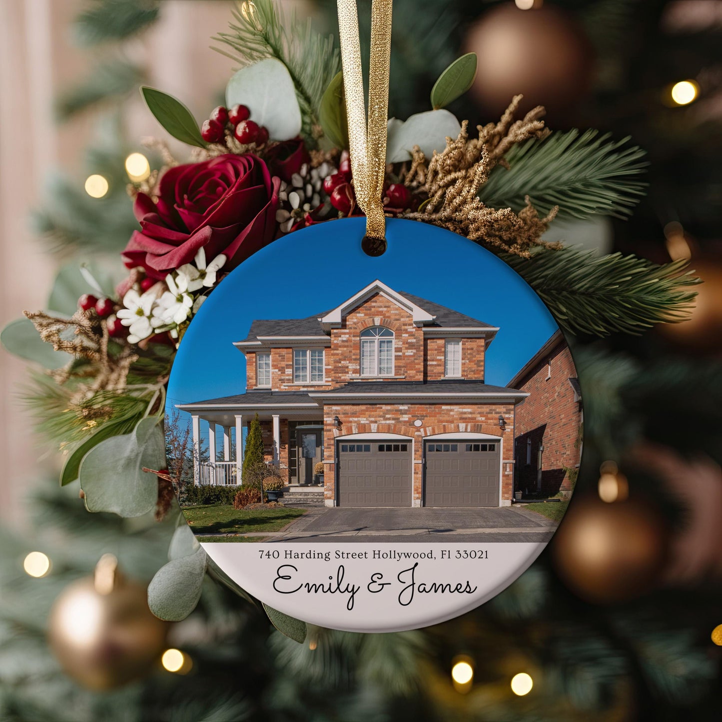 Custom House Photo Ornament, New Home Gift, Address Keepsake, Ceramic Christmas Decoration