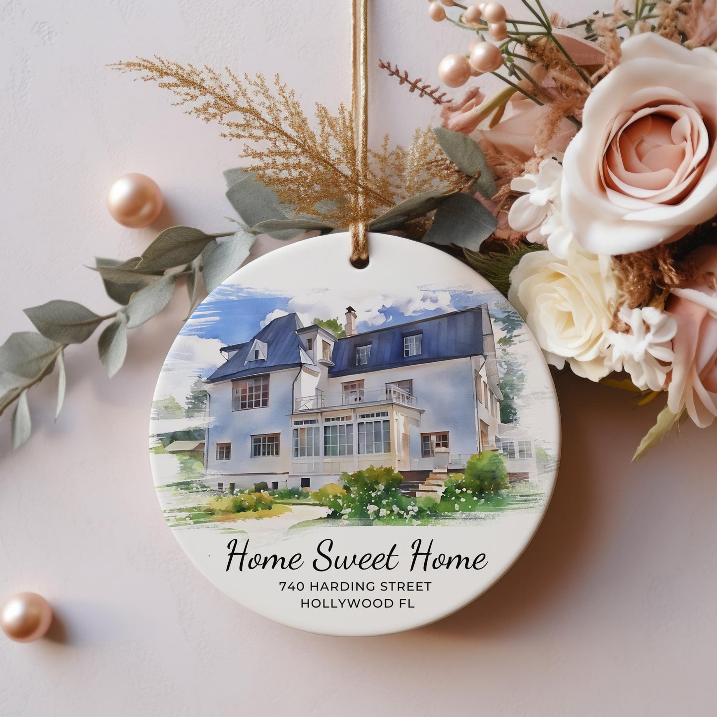 Custom Watercolor House Ornament from Your Photo, New Home Ornament, First Home Christmas Gift, Home Sweet Home, Address and Year