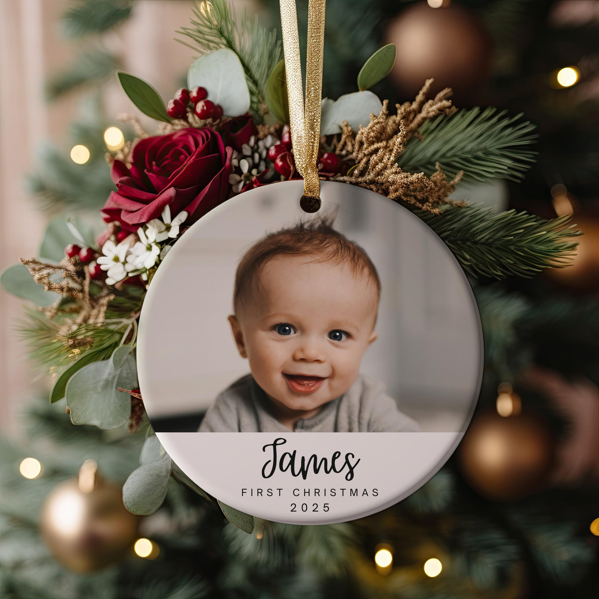 Baby Photo Christmas Ornament, First Christmas Ornament, Custom Christmas Gift, Personalized Name & Year, New Baby Gift, Baby Shower Gift