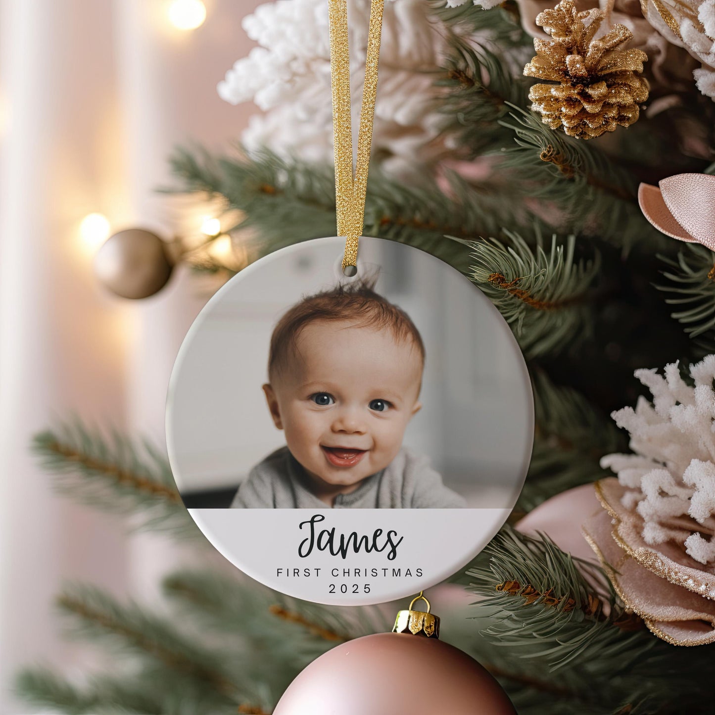Baby Photo Christmas Ornament, First Christmas Ornament, Custom Christmas Gift, Personalized Name & Year, New Baby Gift, Baby Shower Gift