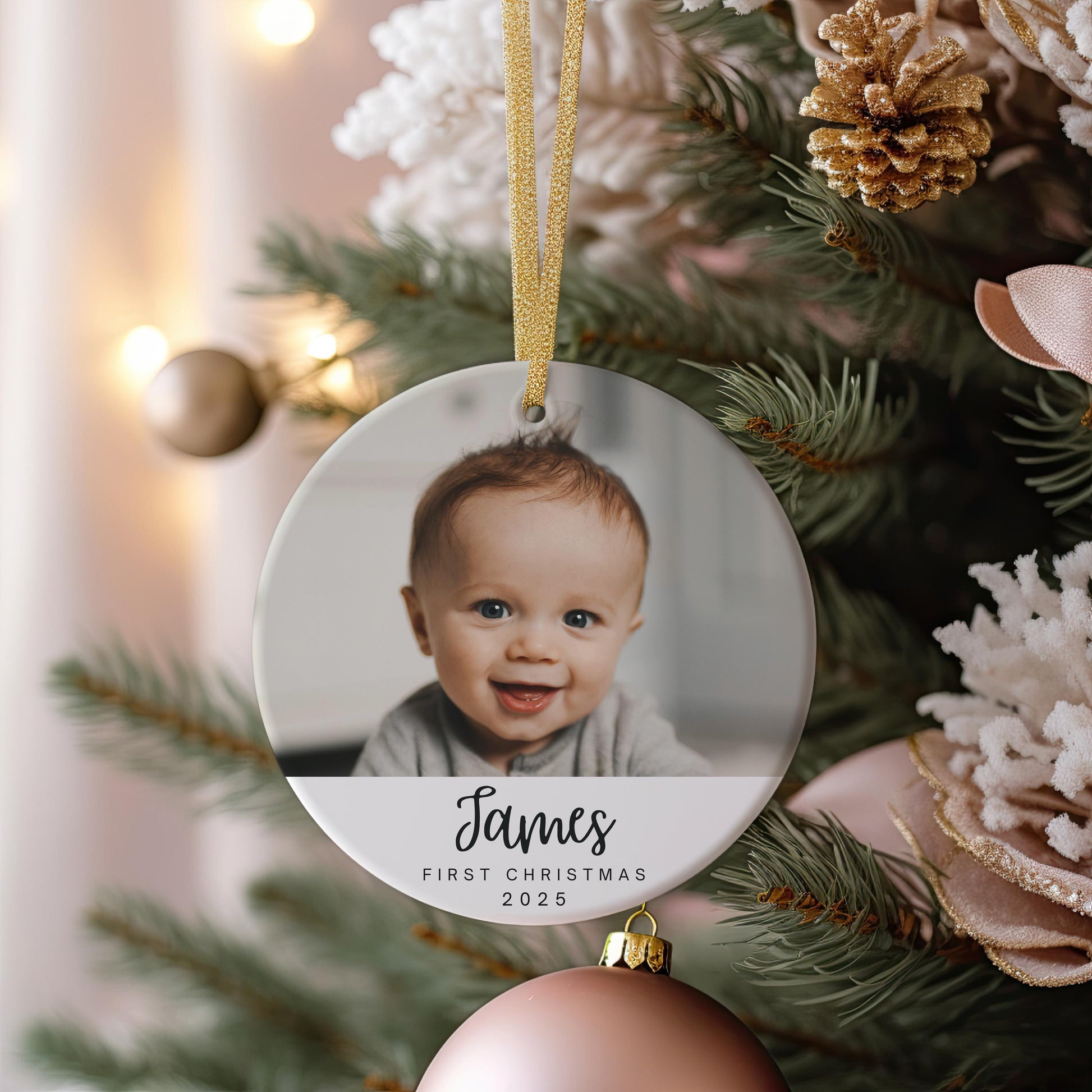 Baby Photo Christmas Ornament, First Christmas Ornament, Custom Christmas Gift, Personalized Name & Year, New Baby Gift, Baby Shower Gift
