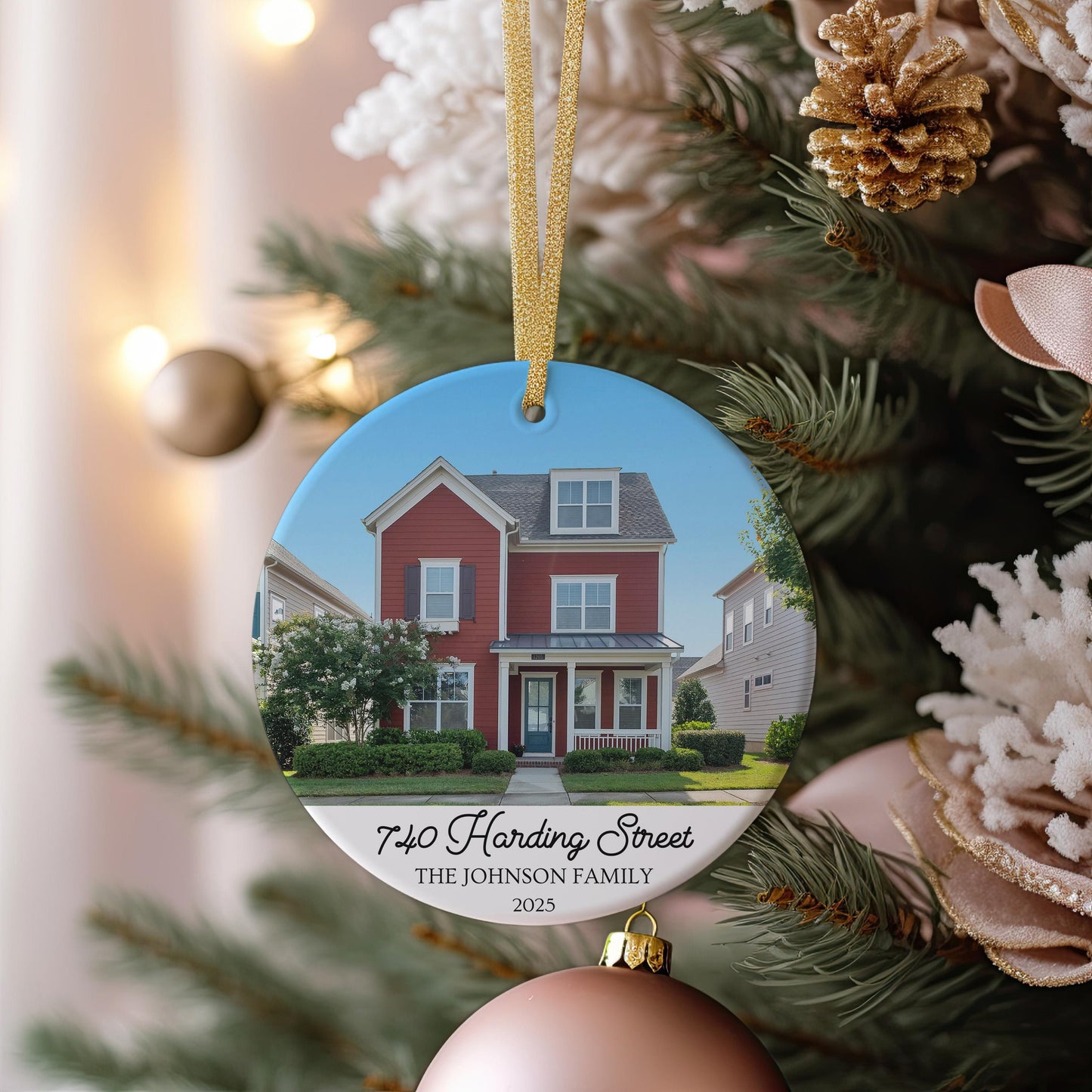 Custom House Photo Ornament, New Home Keepsake, Personalized Address Ceramic Christmas Decoration