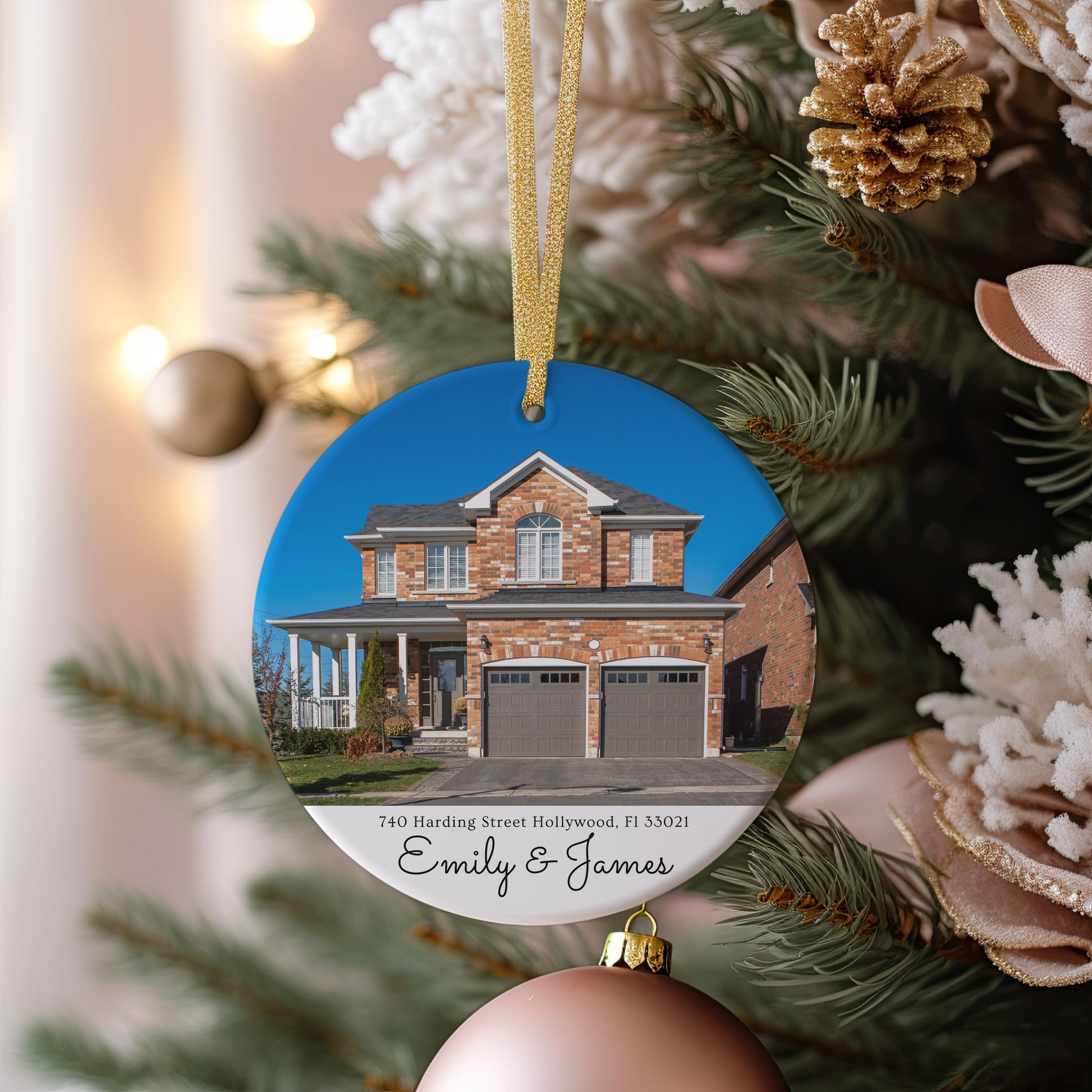 Custom House Photo Ornament, New Home Gift, Address Keepsake, Ceramic Christmas Decoration