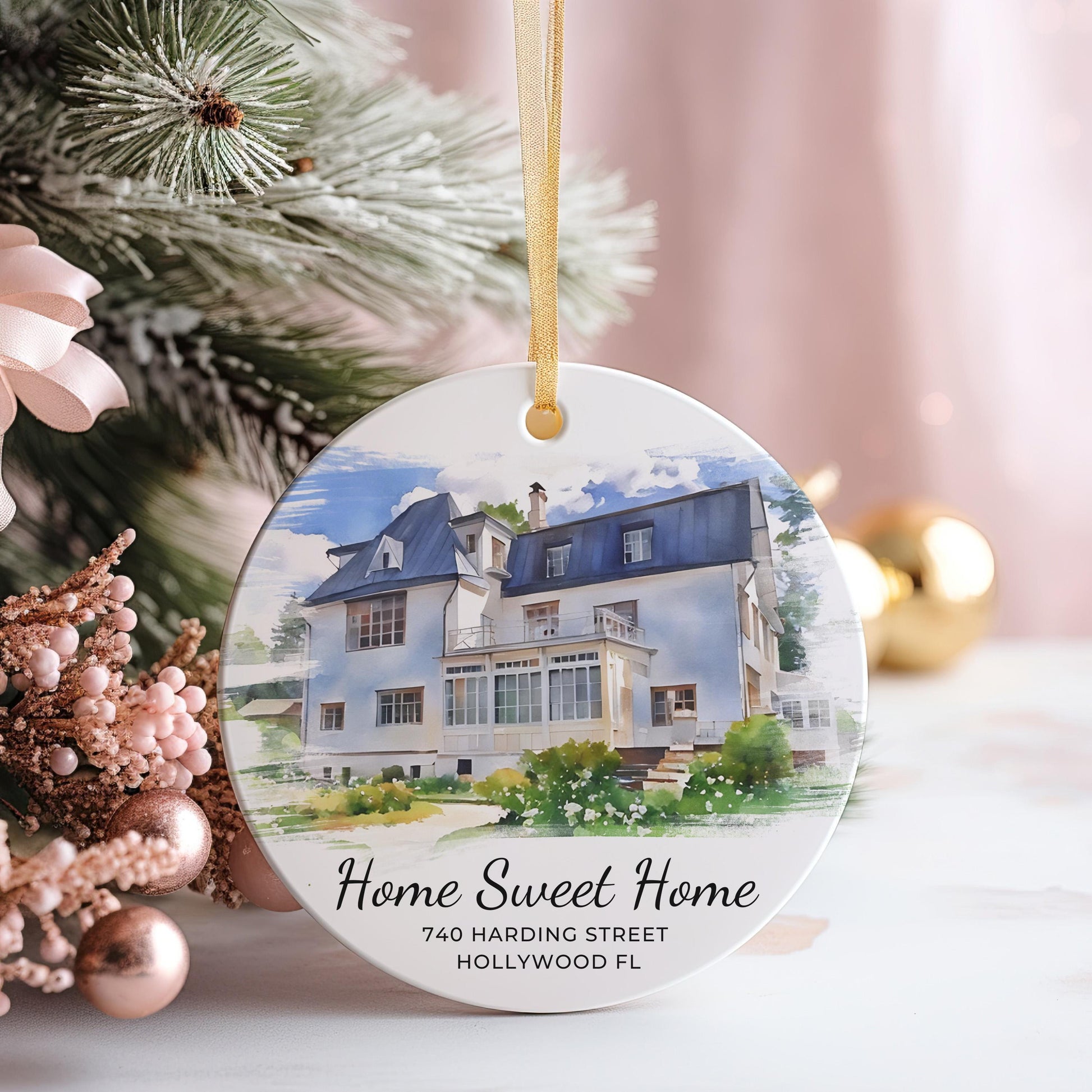 Custom Watercolor House Ornament from Your Photo, New Home Ornament, First Home Christmas Gift, Home Sweet Home, Address and Year