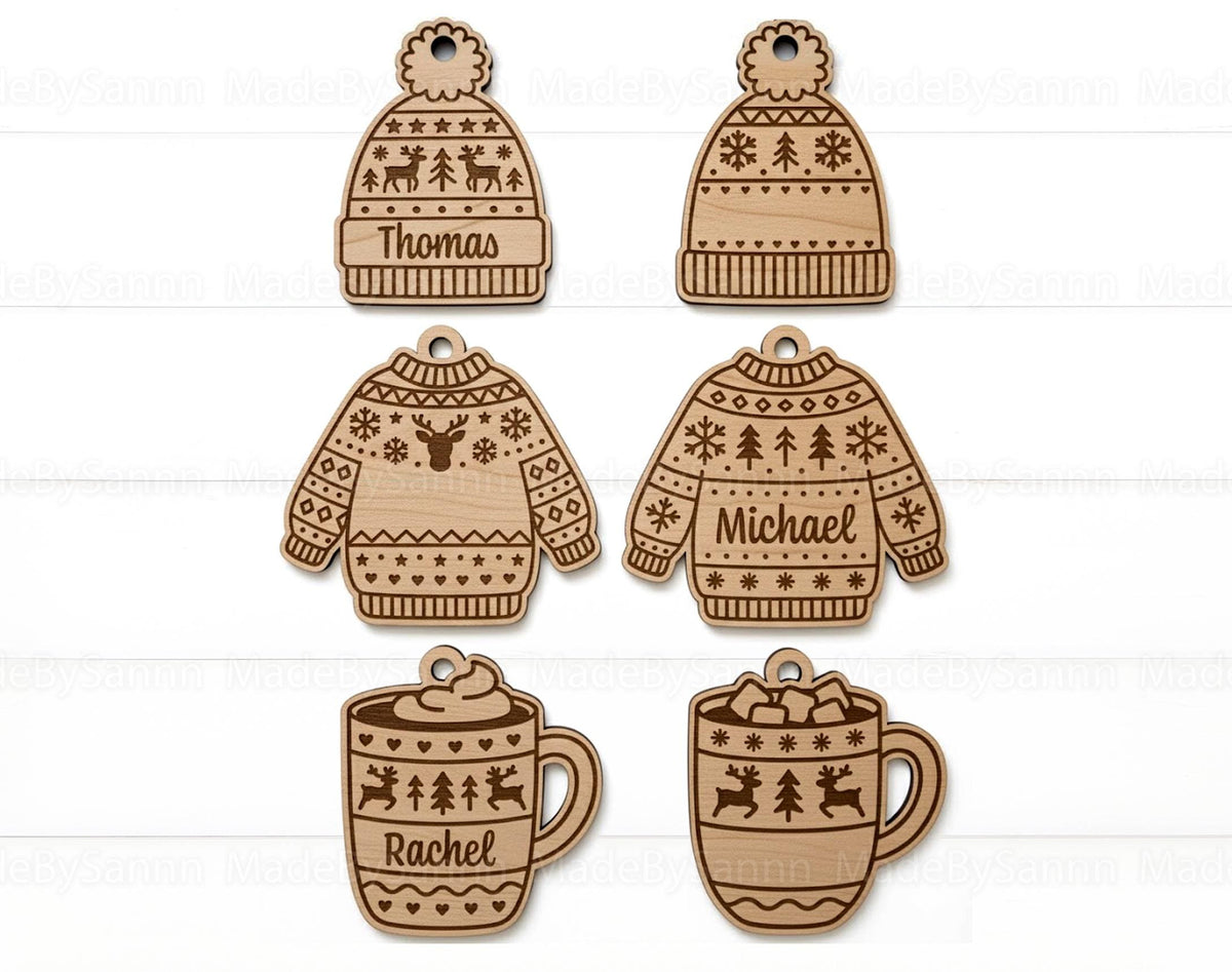 Christmas Sweater Ornament SVG Bundle, Hot Cocoa Mug Svg, Winter Hat Svg, Personalized Name Tag Svg,  Svg File, Laser Cut File