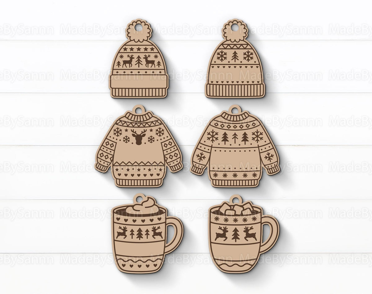 Christmas Sweater Ornament SVG Bundle, Hot Cocoa Mug Svg, Winter Hat Svg, Personalized Name Tag Svg, Glowforge Svg File, Laser Cut File