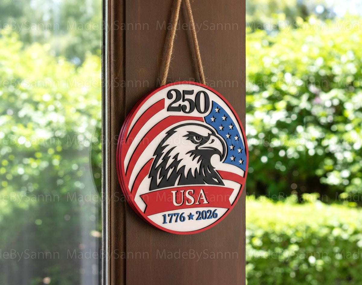 America 250 Door Hanger Svg, Patriotic Round Sign Svg, USA 250th Anniversary Round Sign, USA Decor Svg, Glowforge Svg, USA Door sign Svg