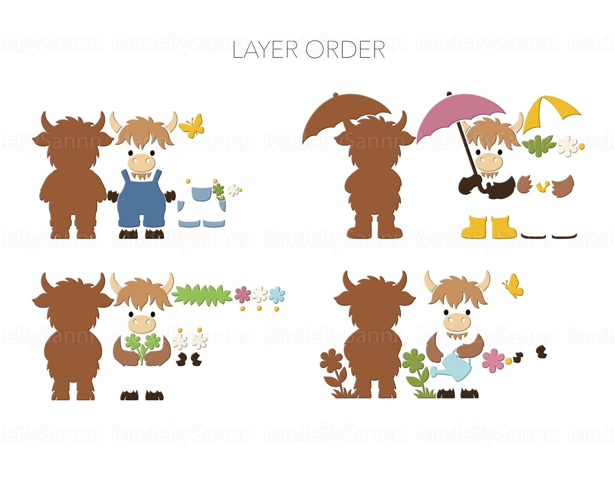 Cute Spring Highland Cow SVG Bundle, Highland Cow Svg, Cute Cow Svg, Spring Cow, Spring Ornaments Svg, Glowforge Svg, Lightburn Cricut File
