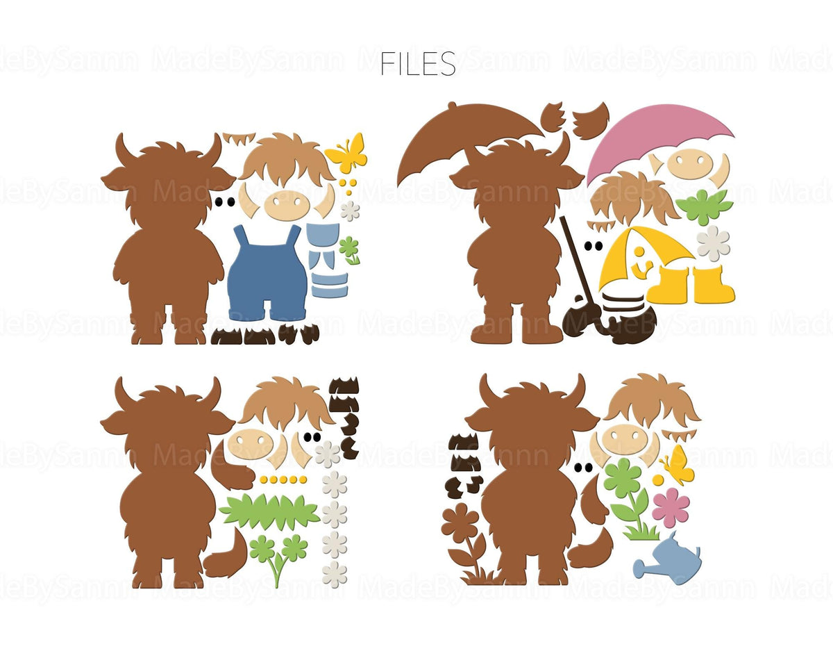 Cute Spring Highland Cow SVG Bundle, Highland Cow Svg, Cute Cow Svg, Spring Cow, Spring Ornaments Svg, Glowforge Svg, Lightburn Cricut File