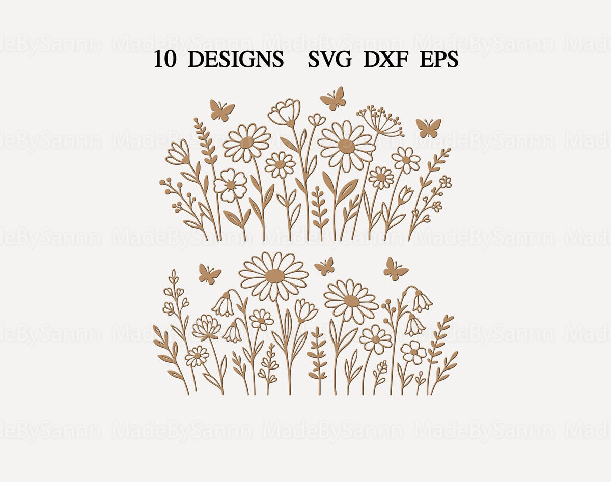 Wildflowers Meadow Svg Bundle, Wildflowers and Butterflies Svg, Mothers Day Gift Svg, Wood Flowers Svg, Glowforge Svg, Laser Cut, Spring Svg
