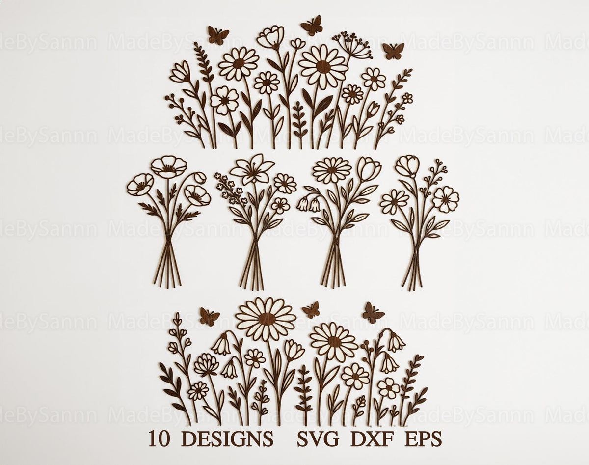 Wildflowers Meadow Svg Bundle, Wildflowers and Butterflies Svg, Mothers Day Gift Svg, Wood Flowers Svg,  Svg, Laser Cut, Spring Svg