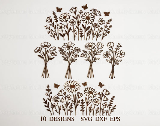 Wildflowers Meadow Svg Bundle, Wildflowers and Butterflies Svg, Mothers Day Gift Svg, Wood Flowers Svg,  Svg, Laser Cut, Spring Svg