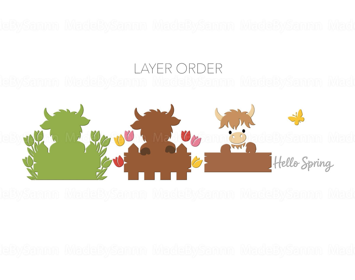 Hello Spring Highland Cow Svg, Highland Cow Svg, Glowforge SVG, Laser Cut, File For Cricut, Long Hair Cow Svg, Xtool CNC File, Spring Decor