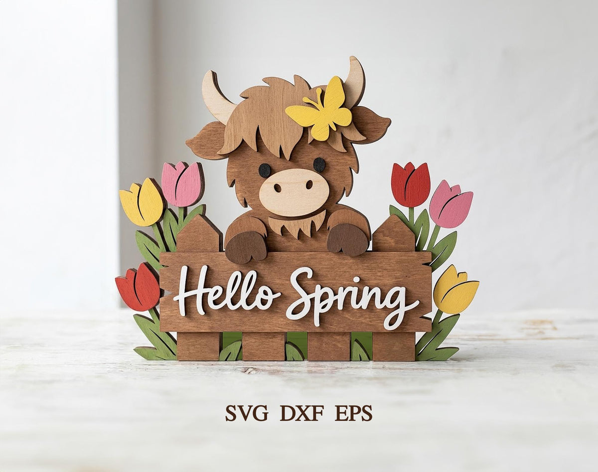 Hello Spring Highland Cow Svg, Highland Cow Svg,  SVG, Laser Cut, File For Cricut, Long Hair Cow Svg, Xtool CNC File, Spring Decor