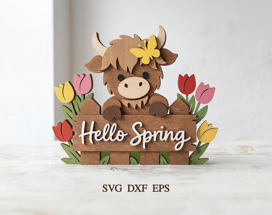 Hello Spring Highland Cow Svg, Highland Cow Svg,  SVG, Laser Cut, File For Cricut, Long Hair Cow Svg, Xtool CNC File, Spring Decor