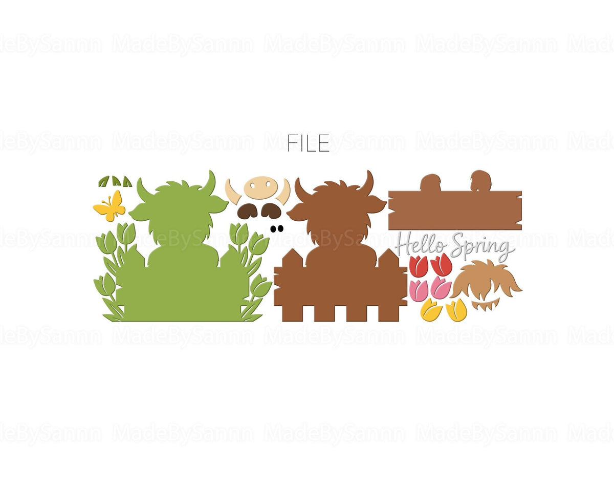 Hello Spring Highland Cow Svg, Highland Cow Svg, Glowforge SVG, Laser Cut, File For Cricut, Long Hair Cow Svg, Xtool CNC File, Spring Decor