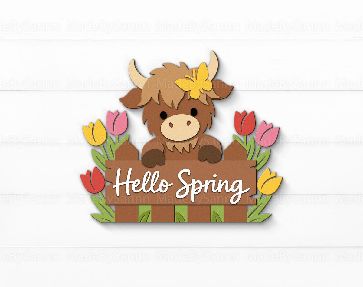 Hello Spring Highland Cow Svg, Highland Cow Svg, Glowforge SVG, Laser Cut, File For Cricut, Long Hair Cow Svg, Xtool CNC File, Spring Decor