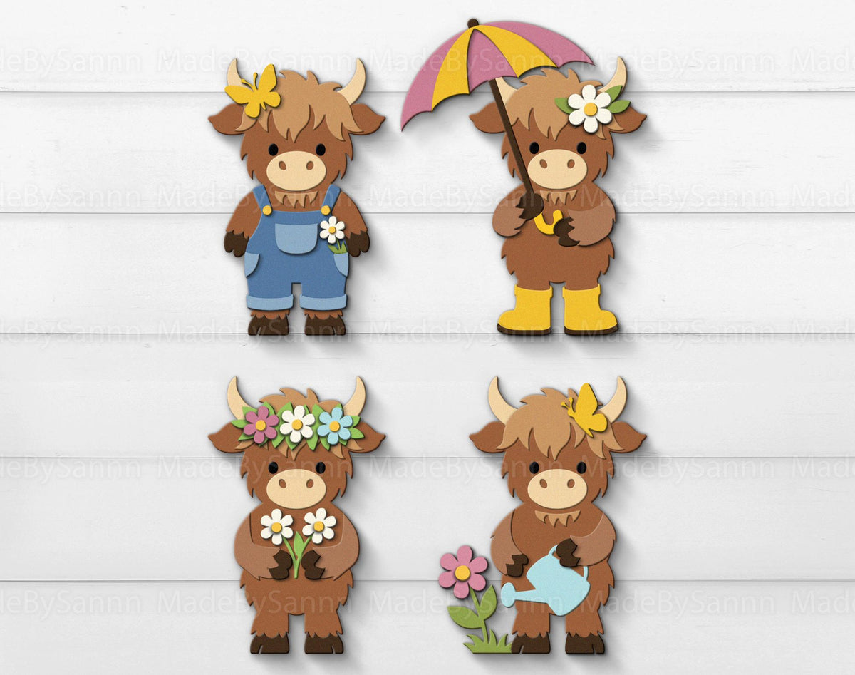 Cute Spring Highland Cow SVG Bundle, Highland Cow Svg, Cute Cow Svg, Spring Cow, Spring Ornaments Svg, Glowforge Svg, Lightburn Cricut File