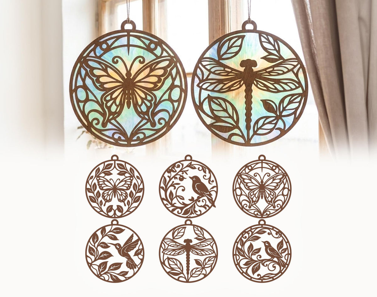 Nature Suncatcher SVG Bundle, Laser Cut Wood Ornaments, Window Decor, Dragonfly, Butterfly Suncatchers, Xtool  Files, Light Catcher