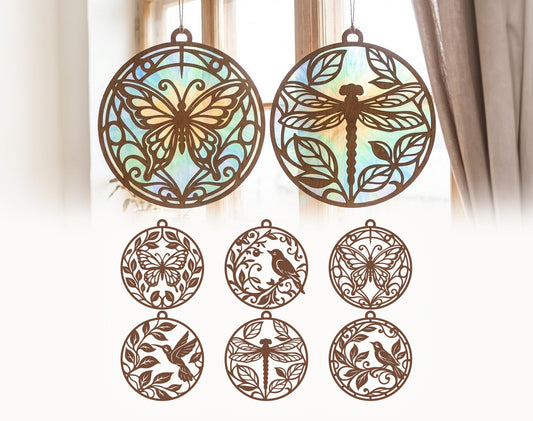Nature Suncatcher SVG Bundle, Laser Cut Wood Ornaments, Window Decor, Dragonfly, Butterfly Suncatchers, Xtool  Files, Light Catcher