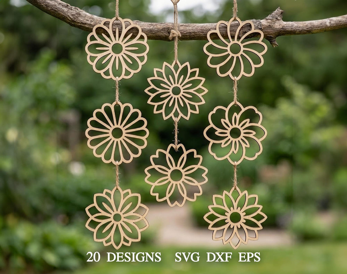 Wood Flowers Svg Bundle, 20 Floral Blossom Svg, Spring Decor, Wood Flowers Svg, Geometric Flowers Svg,  Svg, Laser Cut File, Xtool