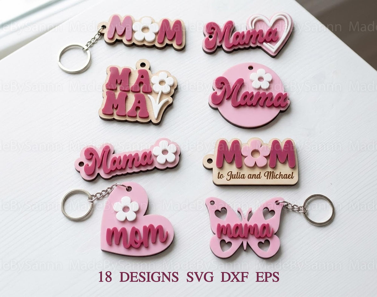 Mother's day Keychains SVG Bundle, 3D Keychains svg,  File, Mother's day laser cut, Wooden Keychain, Floral Mom Keychain, Mom Gift