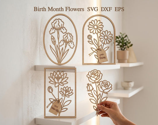 Birth FlowerS Svg Bundle, Wild flowers Bouquet Svg, Month Flowers with Name Tags, Birthday Gift, Flowers in Frame,  Svg, Laser Cut