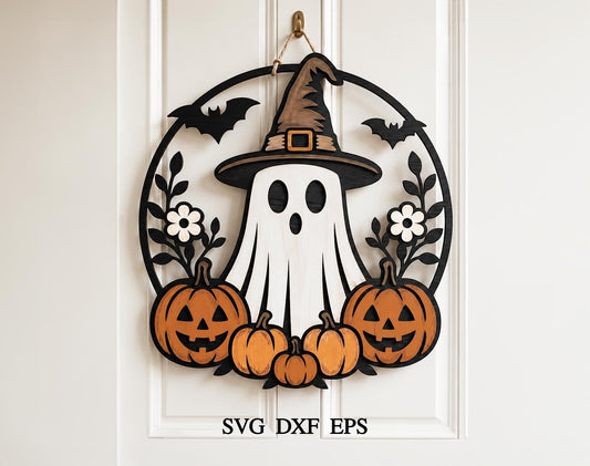 Ghost with Pumpkin Door Hanger SVG, Ghost Decor Svg, halloween door sign, Halloween Laser Cut Files, Pumpkin,  Svg, Halloween Decor