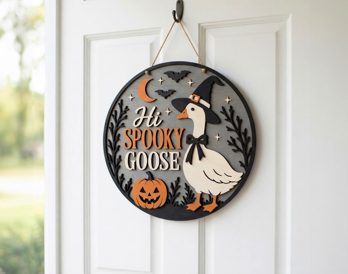 Hi Spooky Goose Door Hanger svg, Goose Round Sign svg, Pumpkin Door Hanger, Glowforge xTool File, Farmhouse Decor, Halloween Door sign